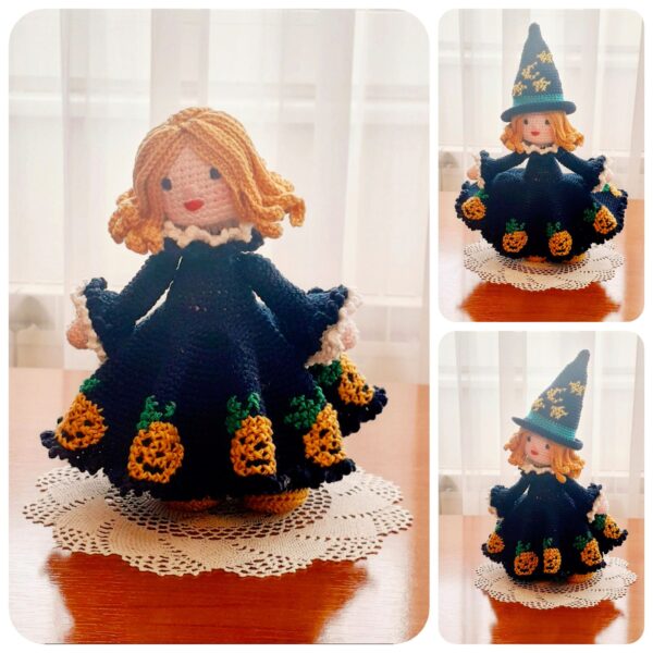 halloween crochet pattern, amigurumi doll with witch hat
