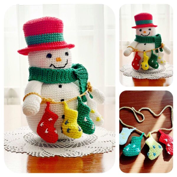 christmas amigurumi crochet pattern – snowman with mini stockings