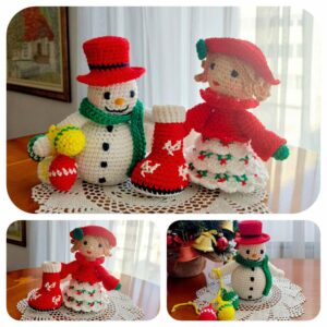 christmas crochet pattern set: snowman and doll