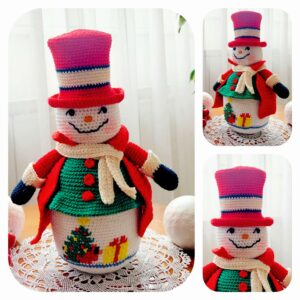 snowman crochet pattern with embroidered tree & gifts