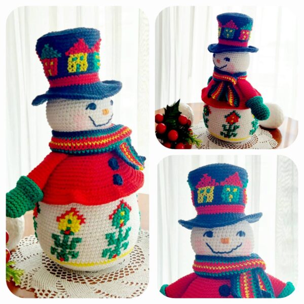 snowman crochet pattern with embroidered birdhouses