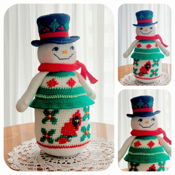 crochet pattern: snowman with embroidered cardinal bird