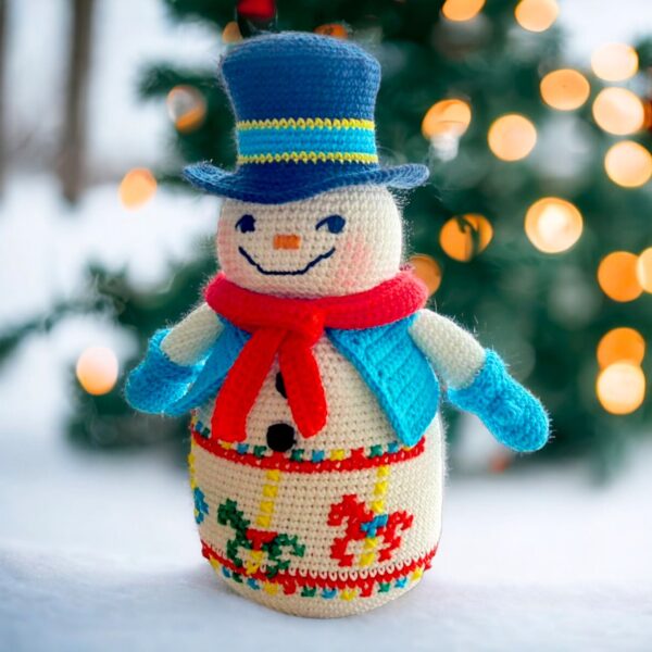 crochet snowman with embroidered carousel horses