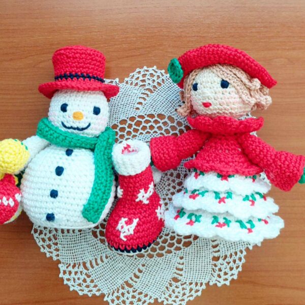 christmas crochet pattern set: snowman and doll