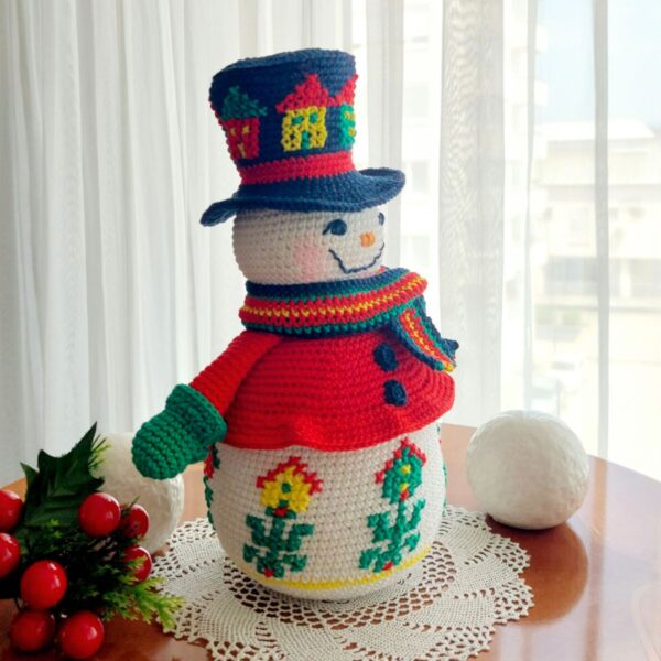 snowman crochet pattern with embroidered birdhouses