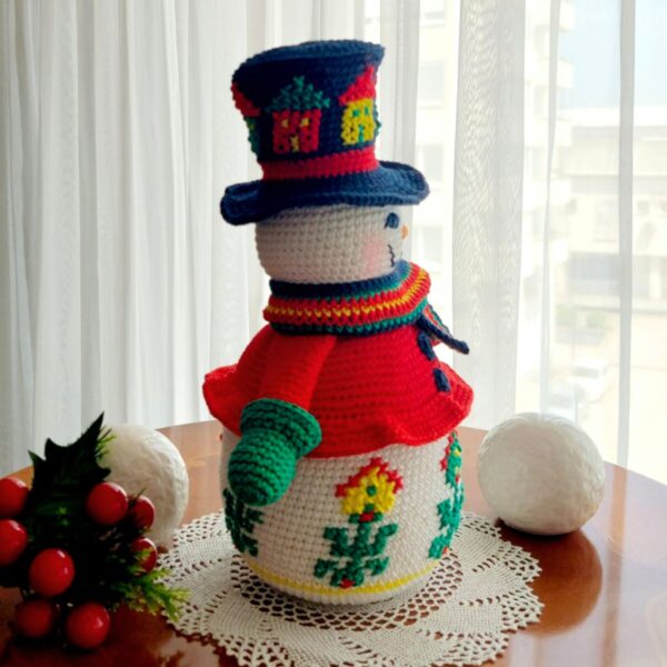 snowman crochet pattern with embroidered birdhouses