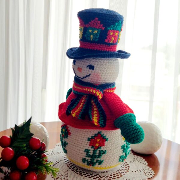 snowman crochet pattern with embroidered birdhouses