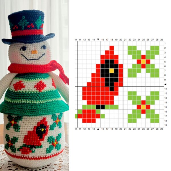 crochet pattern: snowman with embroidered cardinal bird