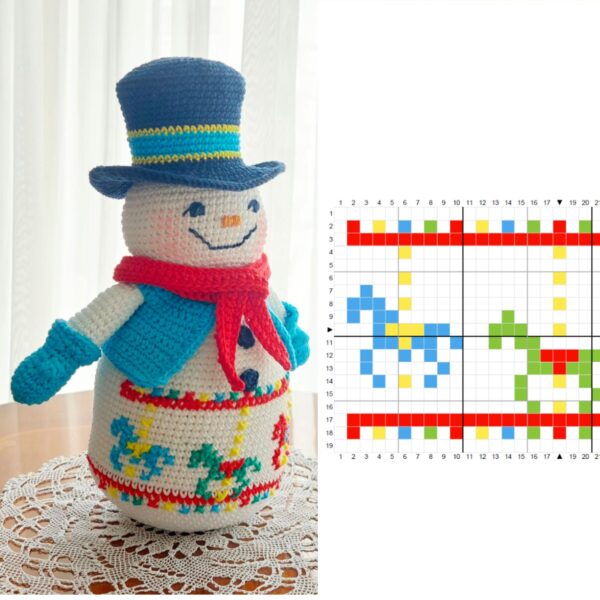 crochet snowman with embroidered carousel horses